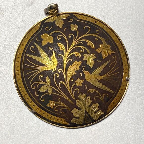 Round Damascene Floral and Bird Pendant - Picture 1 of 6